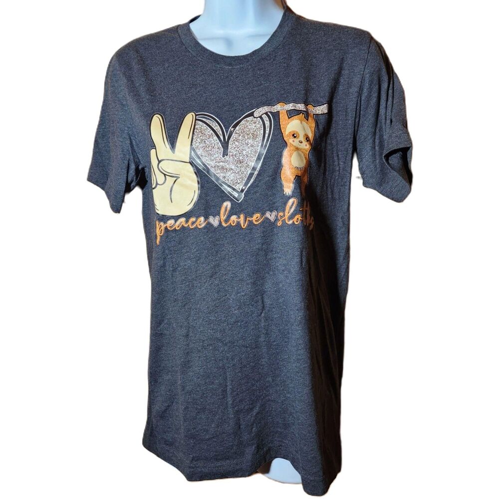Canvas Women’s Small Peace Love Sloth Graphic Tee Gray